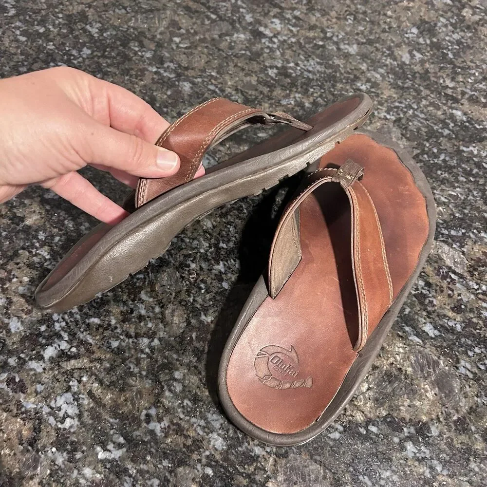 Men's Olukai Ohana Full-Grain Leather Flip-Flops Thong Sandals Size 8 EU 41